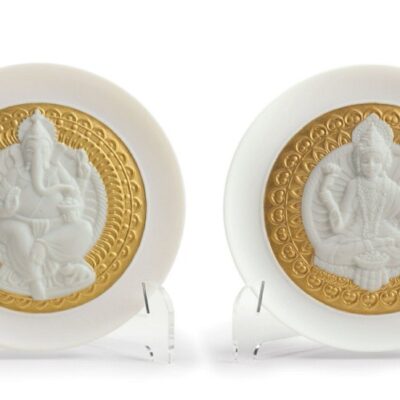 Gifts Lladró  | Goddes Lakshmi And Lord Ganesha Decorative Plates Set. Golden Lustre