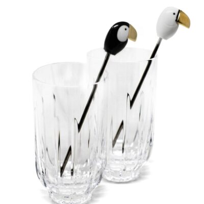 Gifts Lladró  | Toucan 2 Tall Crystal Glasses + 2 Stirrers Set. Golden Luster